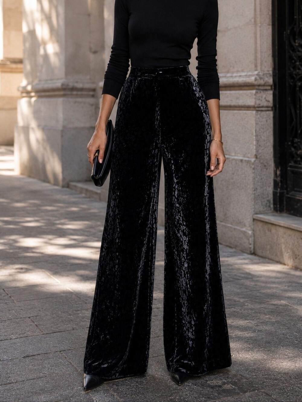 Zara Black Velvet Wide-Leg Pants | Luxe Minimalist Flowy Palazzo Trousers